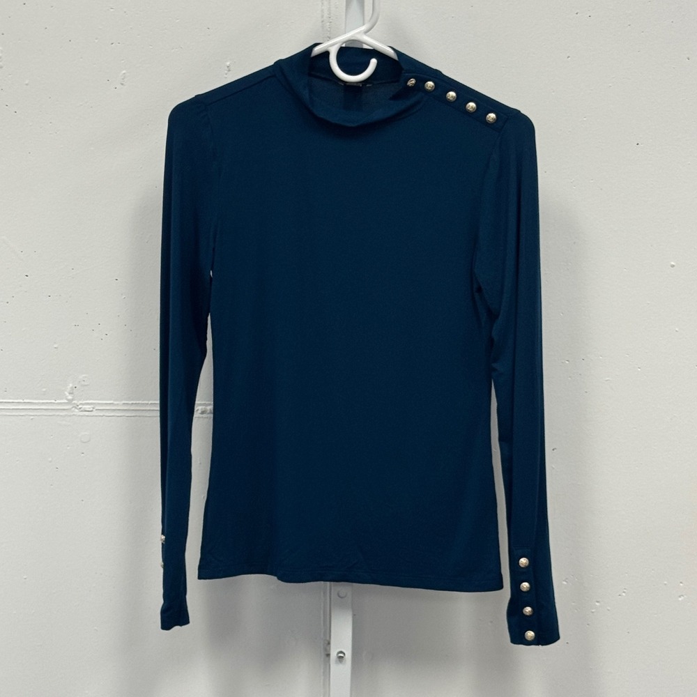 Ann‎ Taylor Teal Blue Mock Neck Button Shoulder Long Sleeve Top XS Nautical